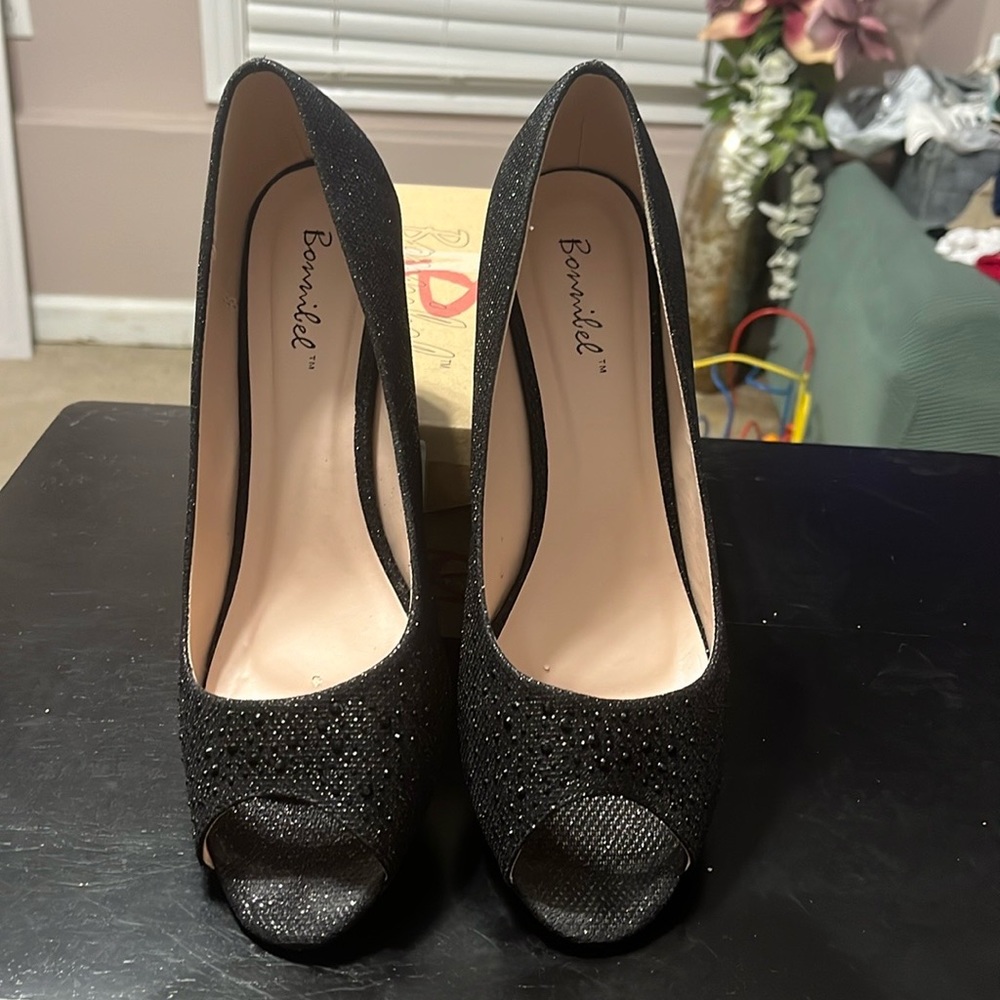 Black sequined peep toe pumps. Size 10